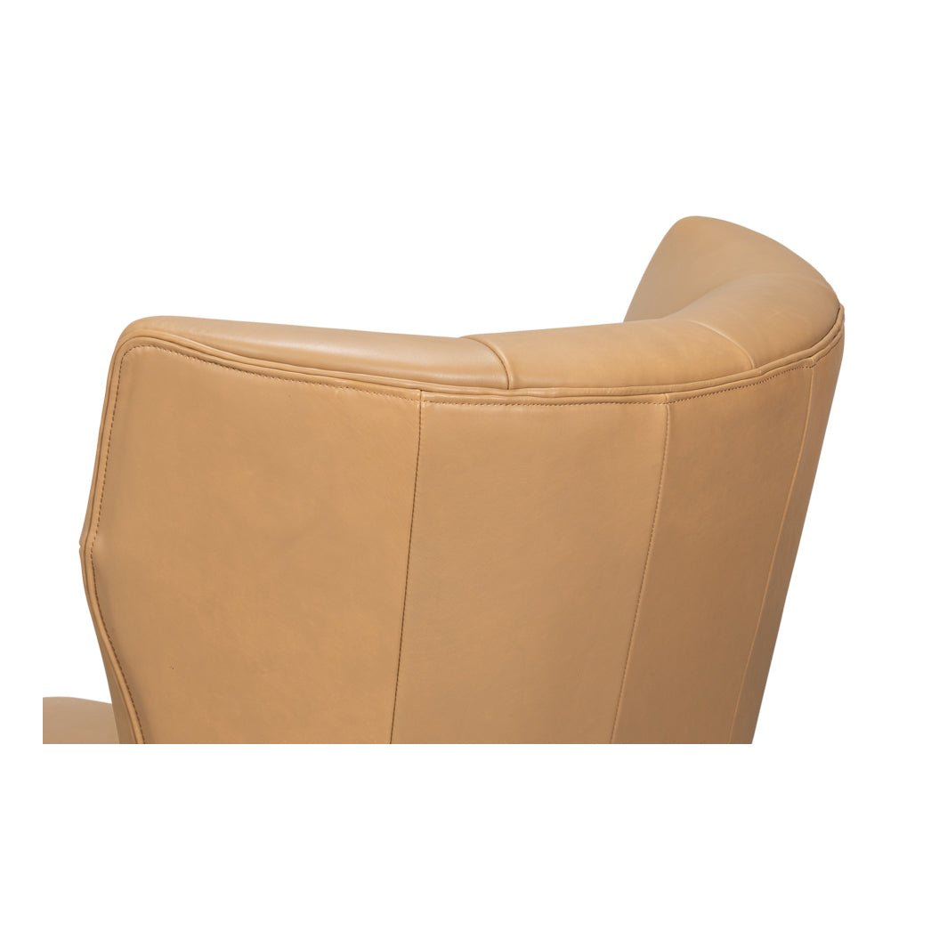 Close-up, armchair backrest stitching, tan leather.