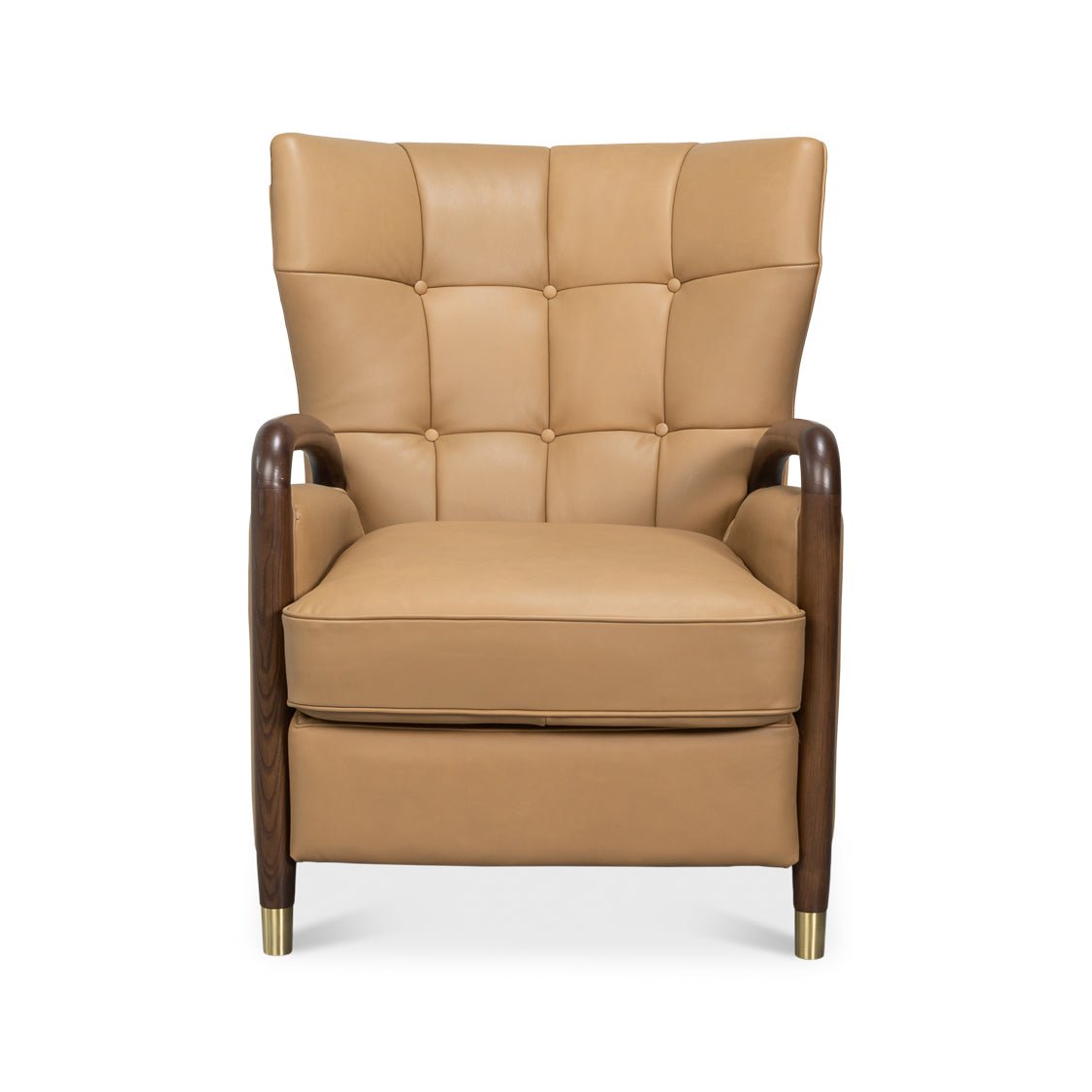 Tan leather armchair, front view, tufted backrest design.