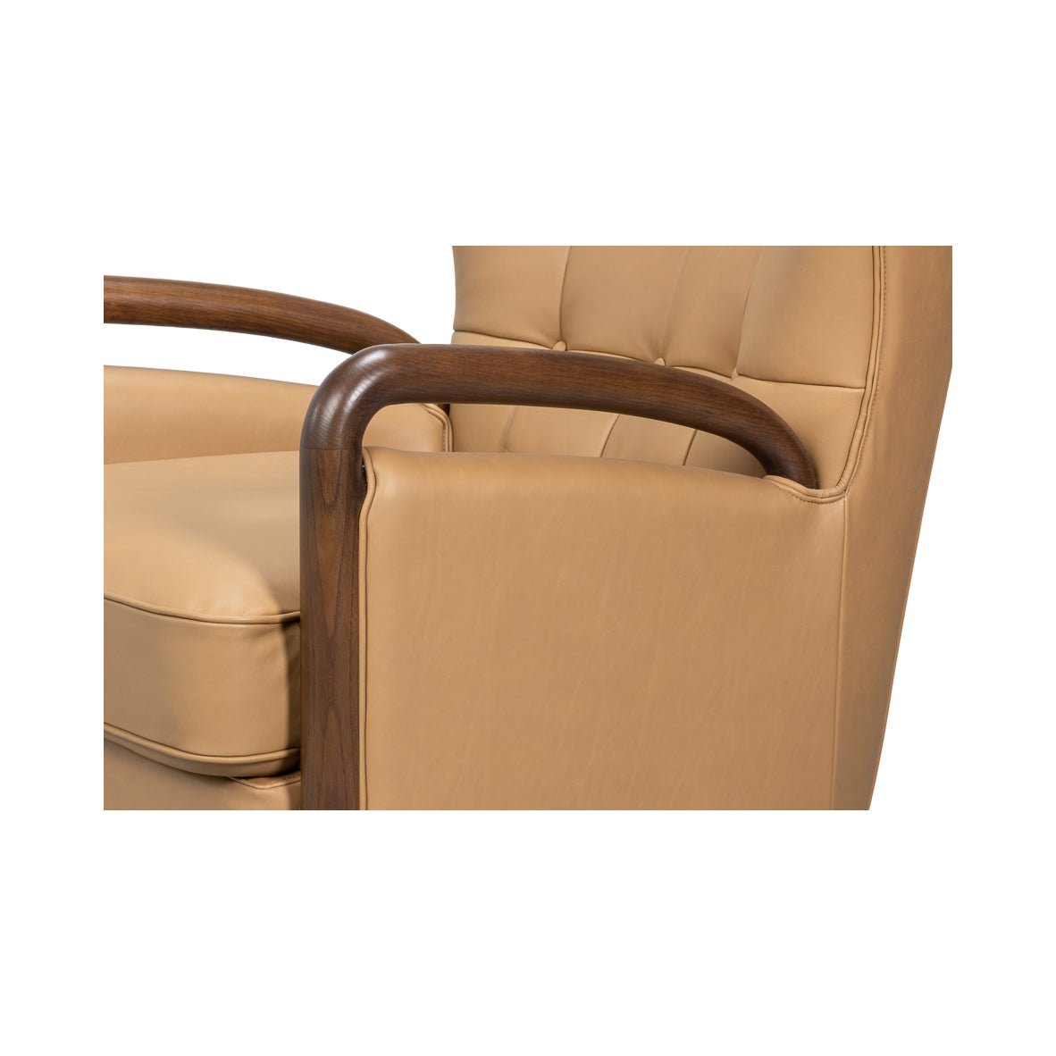 Close-up, armchair wooden armrest detail, tan leather.