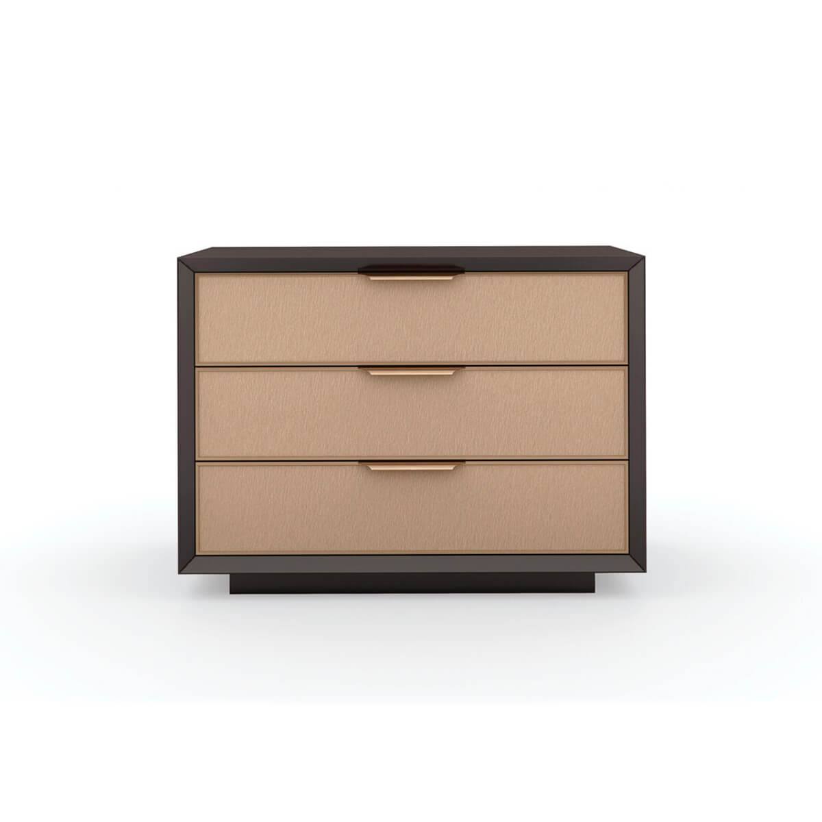 Front view of mid-century modern three-drawer nightstand
