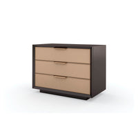 Angled view of mid-century modern three-drawer nightstand