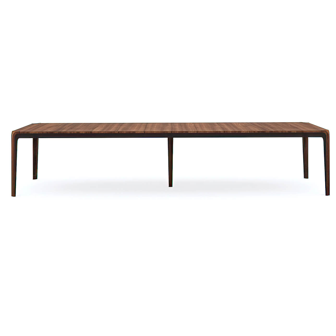 Walnut dining table front view, sleek mid-century modern design.