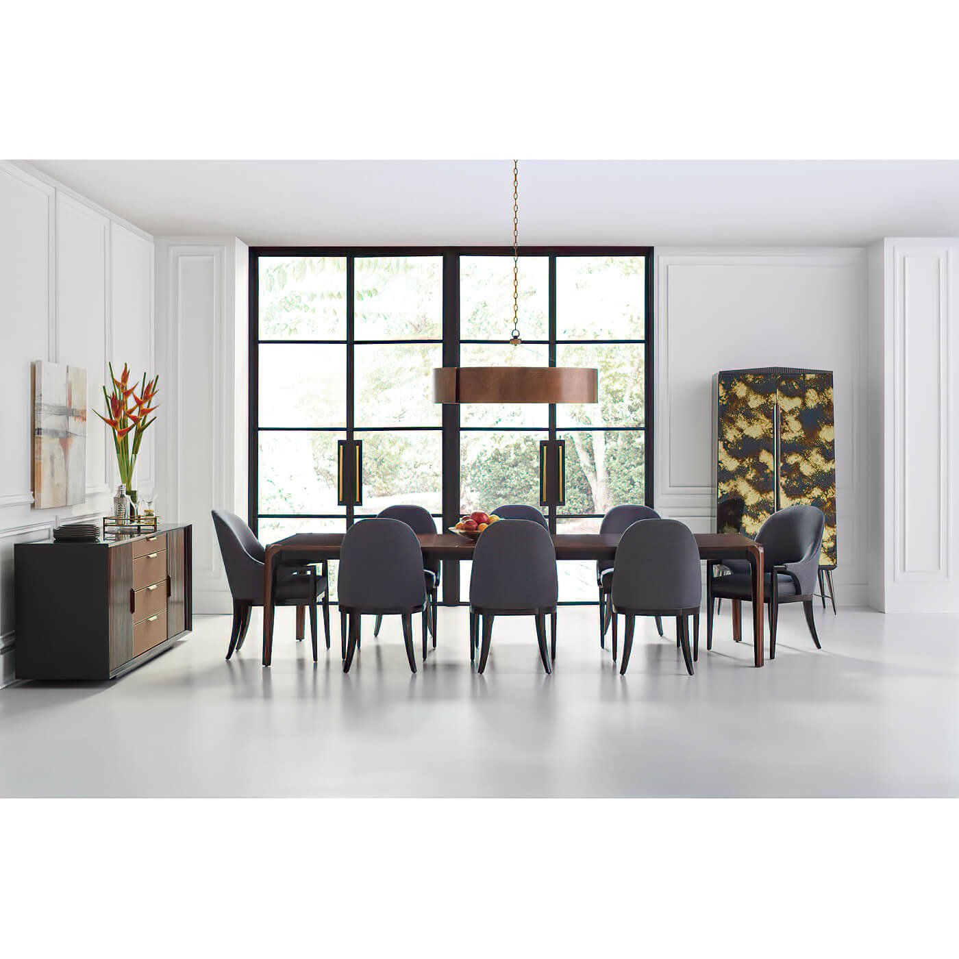 Dining room setup with walnut table, modern furniture layout.