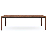 Front angle view of walnut dining table, stylish design.