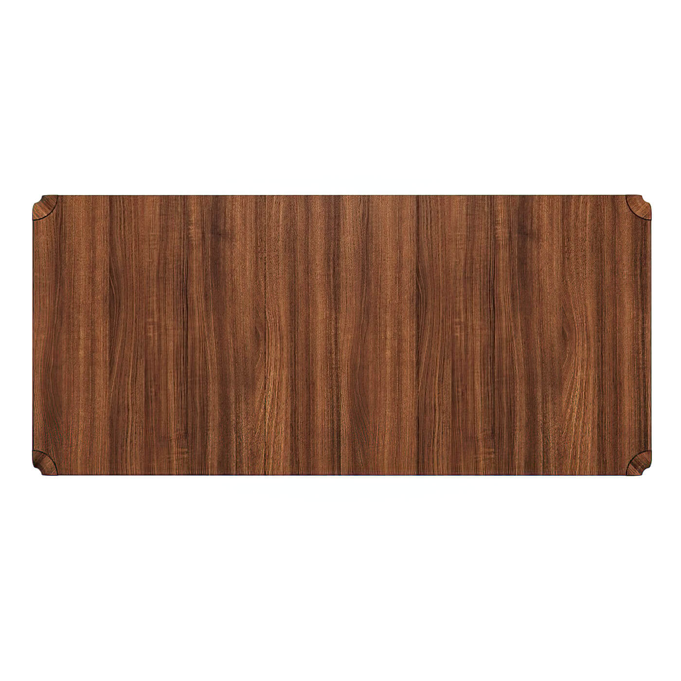 Top view of rectangular walnut dining table, wood grain.