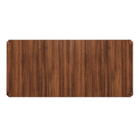 Top view of rectangular walnut dining table, wood grain.