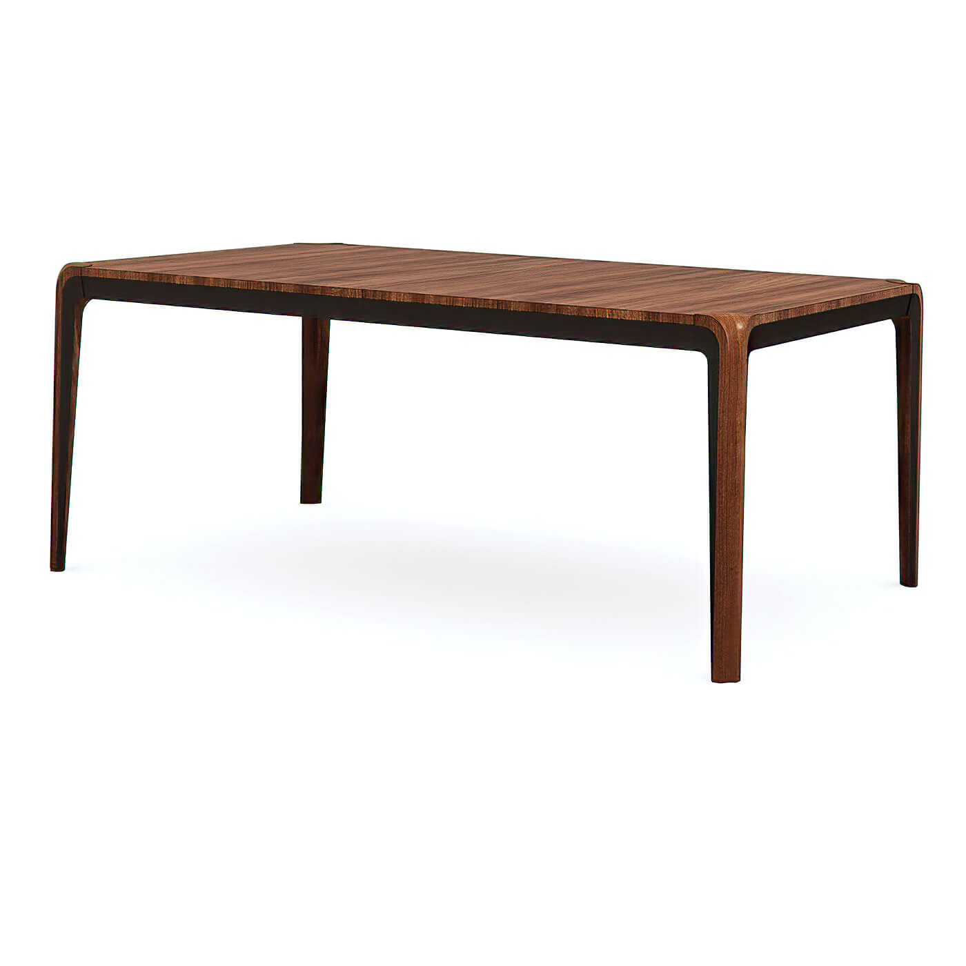 Compact walnut dining table, geometric design, side angle.