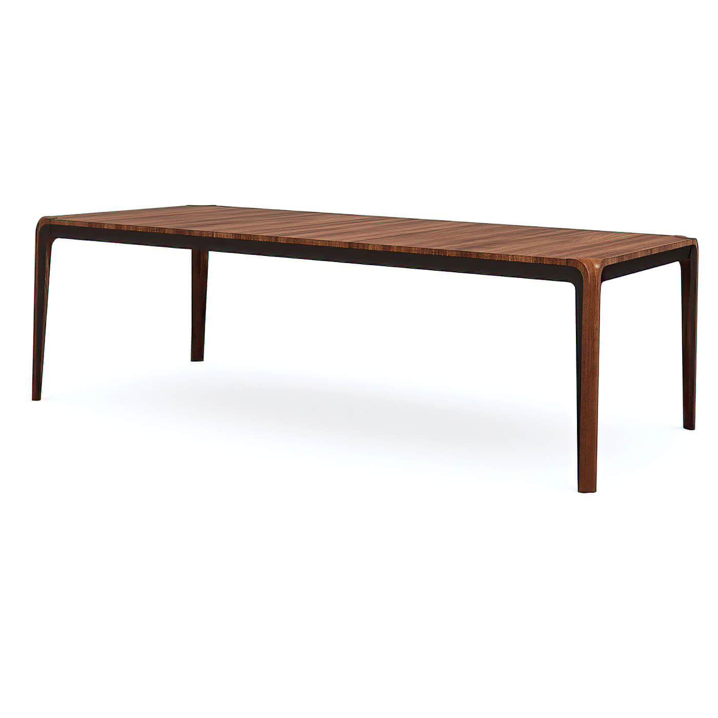 Modern walnut dining table, angled perspective, mid-century design.