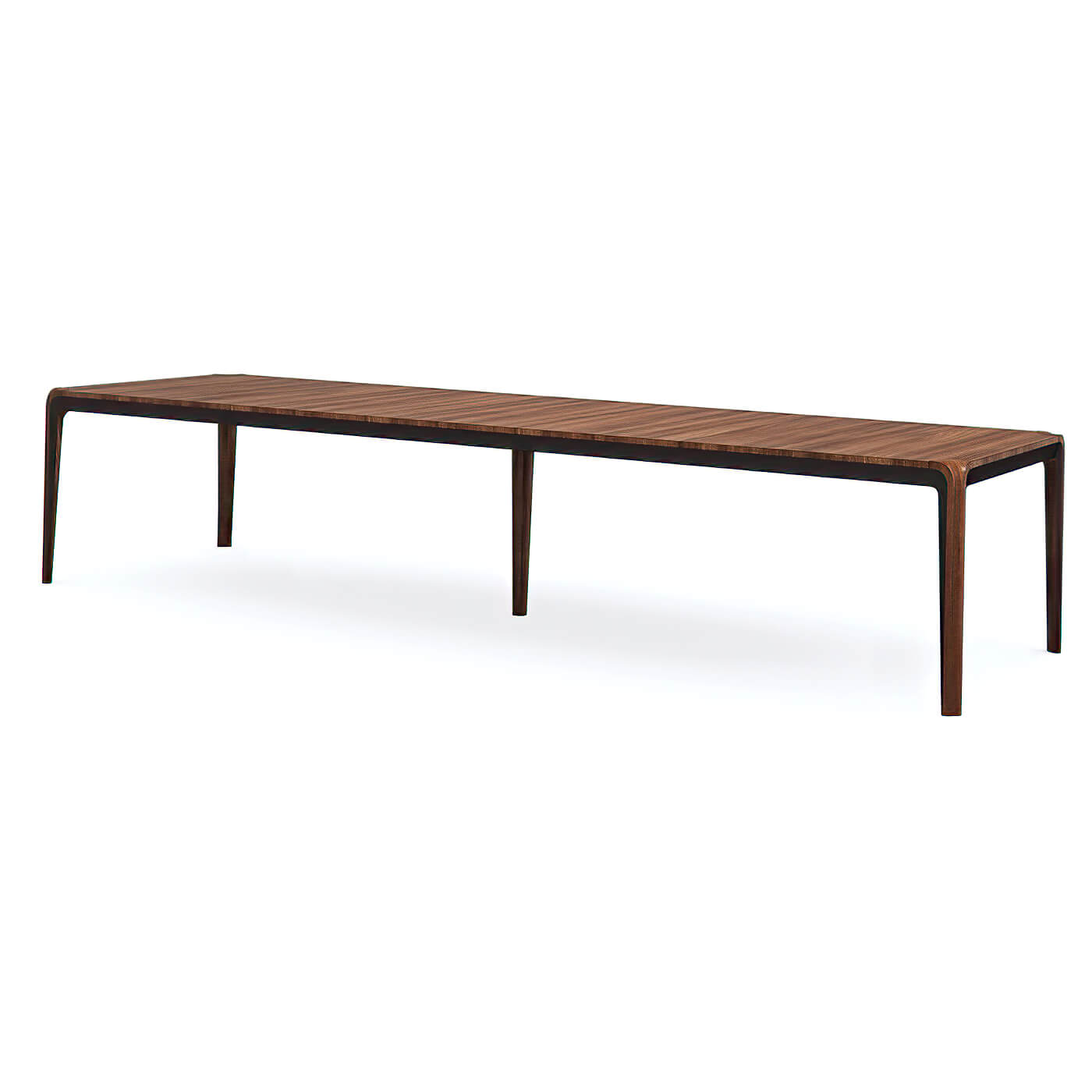 Long walnut dining table side view, mid-century modern style.