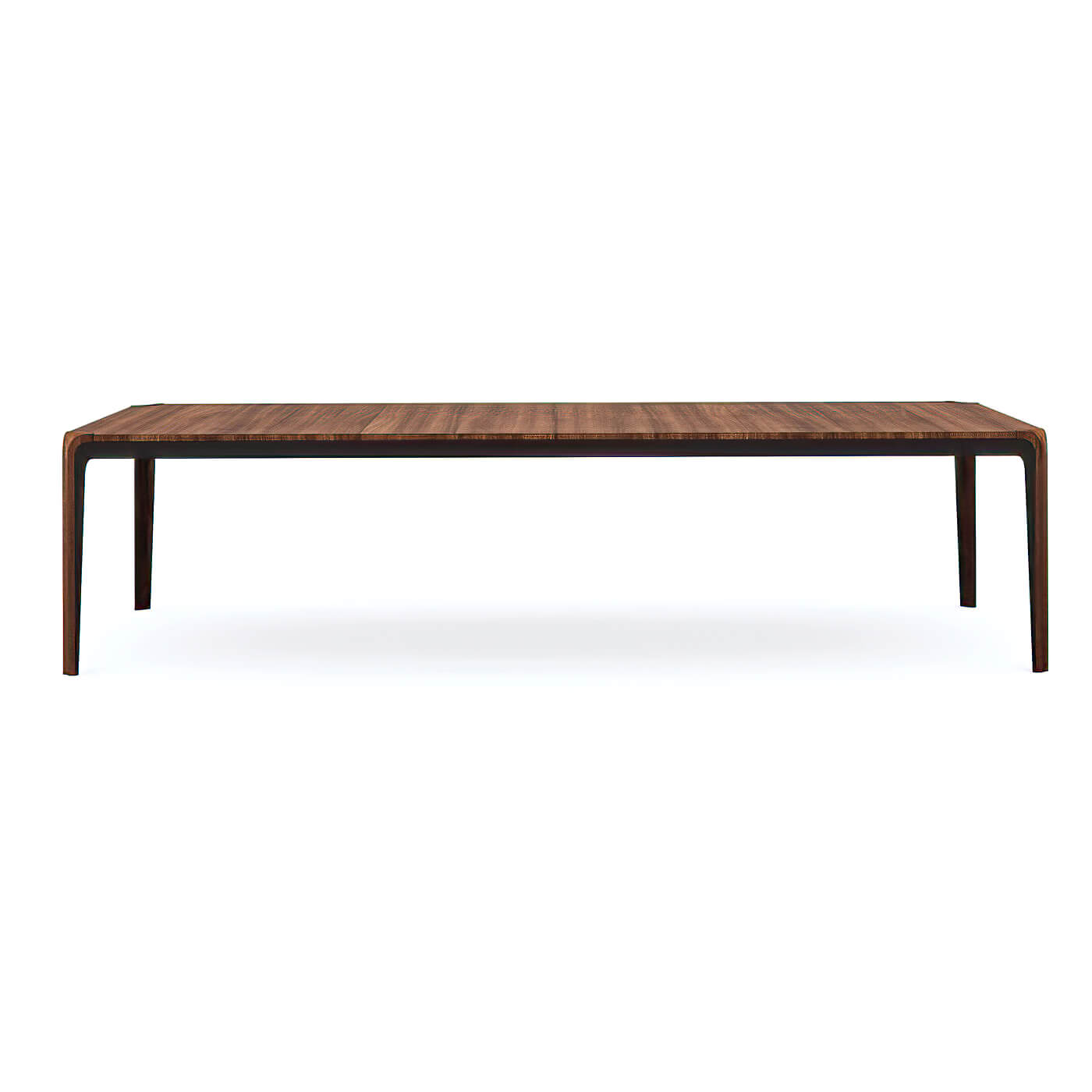 Front view of walnut dining table, mid-century aesthetics.