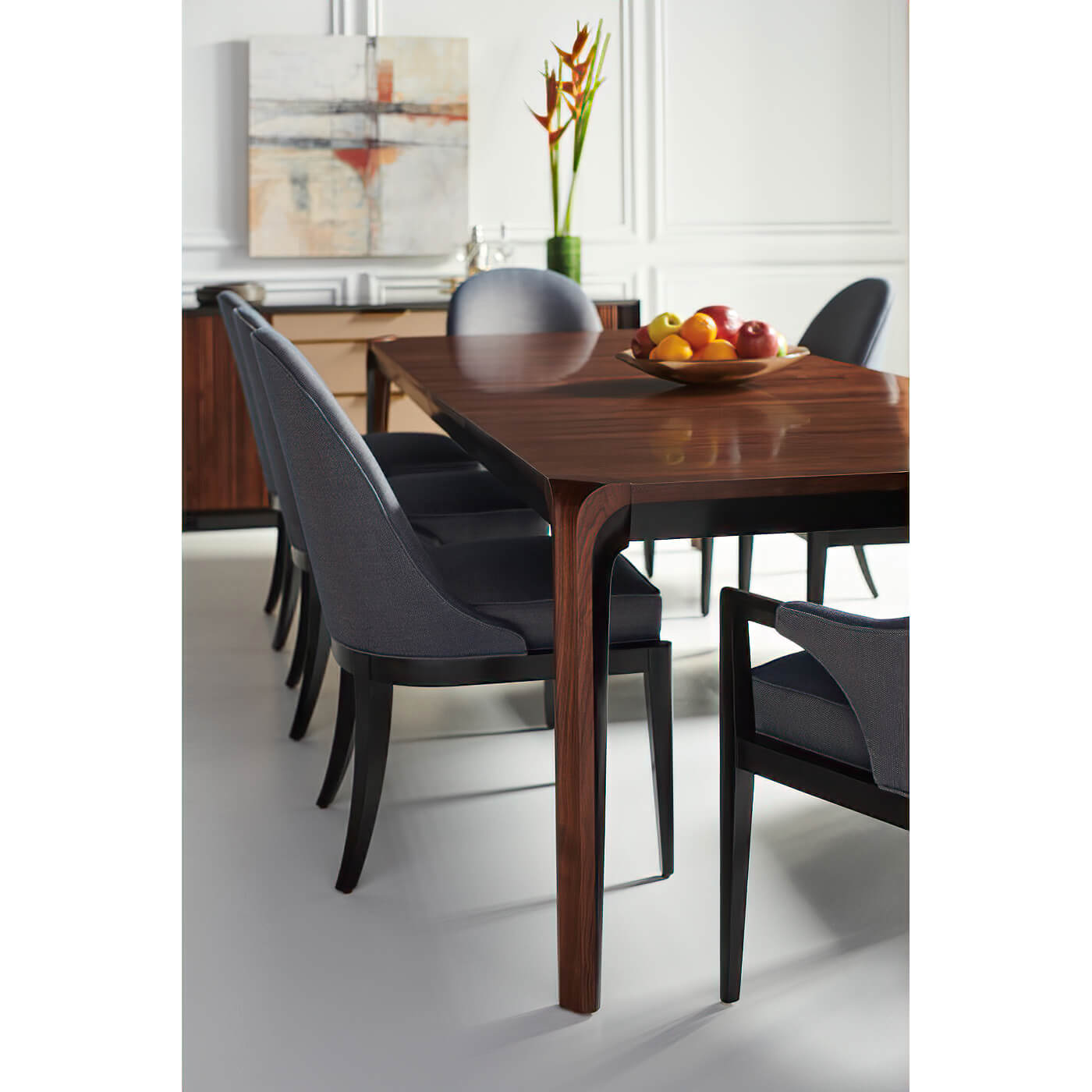 Dining table corner with chairs, modern walnut design.