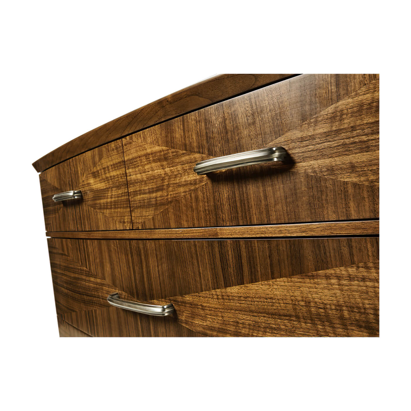 Close-up of handles on walnut tall chest.