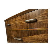 Close-up of handles on walnut tall chest.