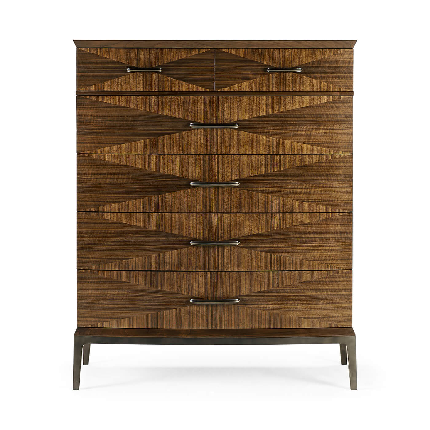 Front view of mid-century walnut tall chest.