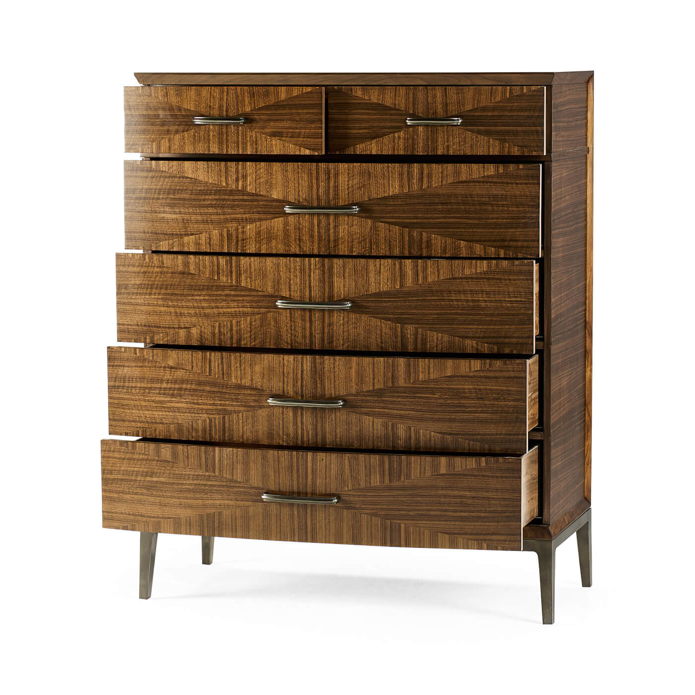 Mid-century walnut chest with open drawers.