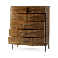 Mid-century walnut chest with open drawers.
