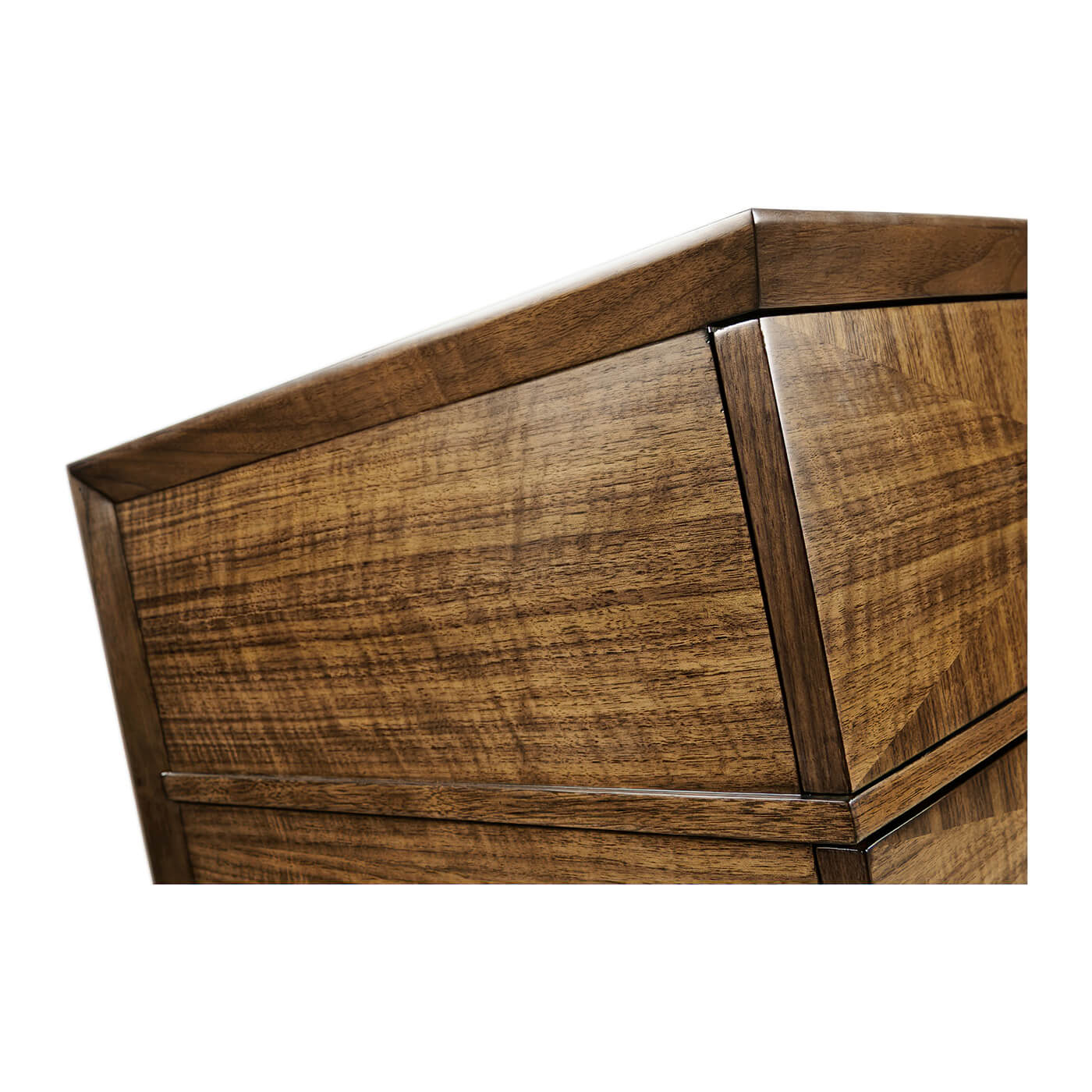 Side corner detail of walnut tall chest.