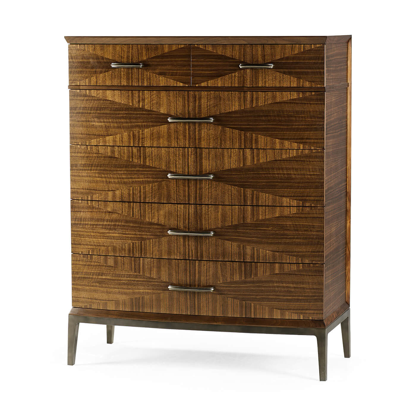 Mid-century walnut tall chest angled front view.