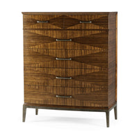 Mid-century walnut tall chest angled front view.