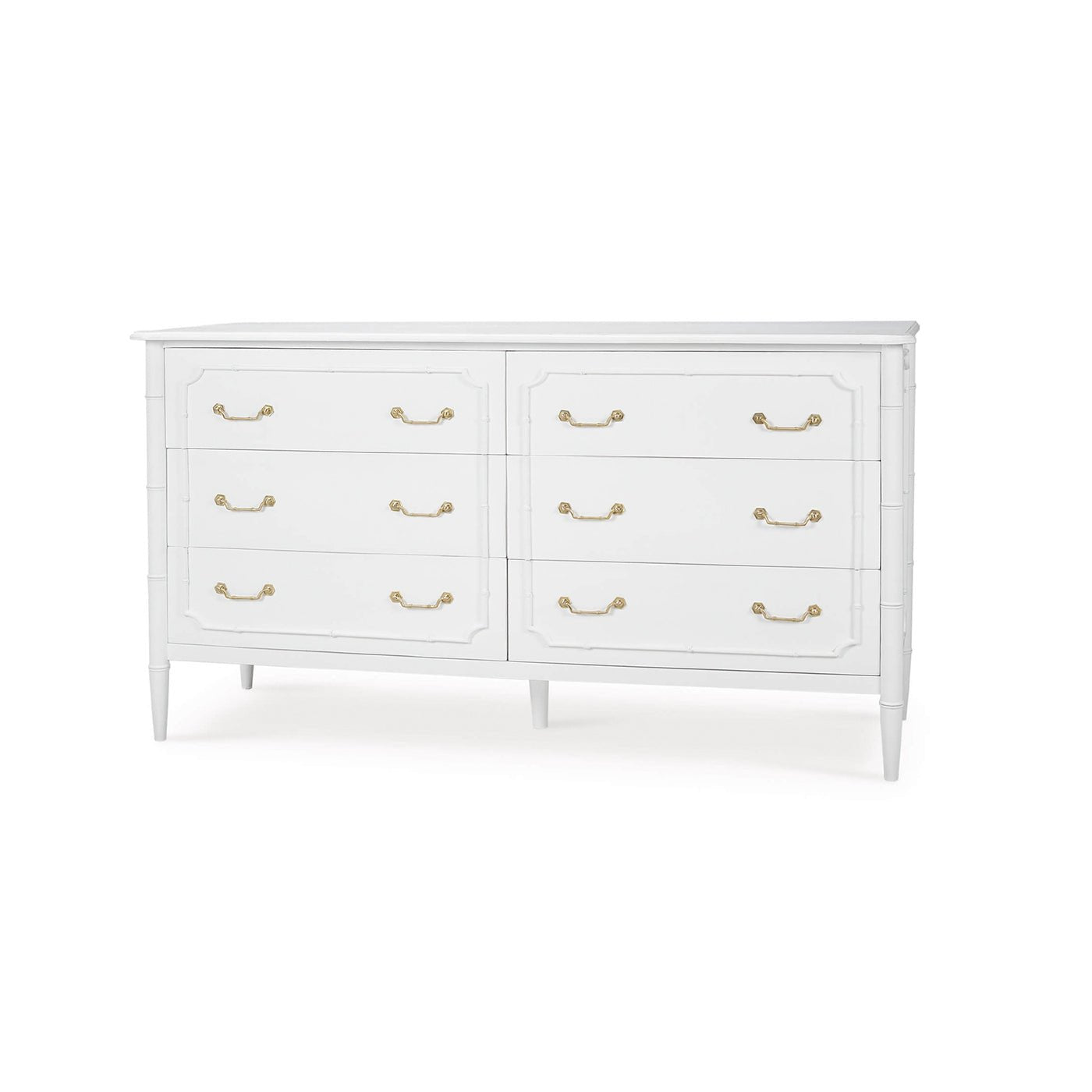 Front angled view of white painted dresser