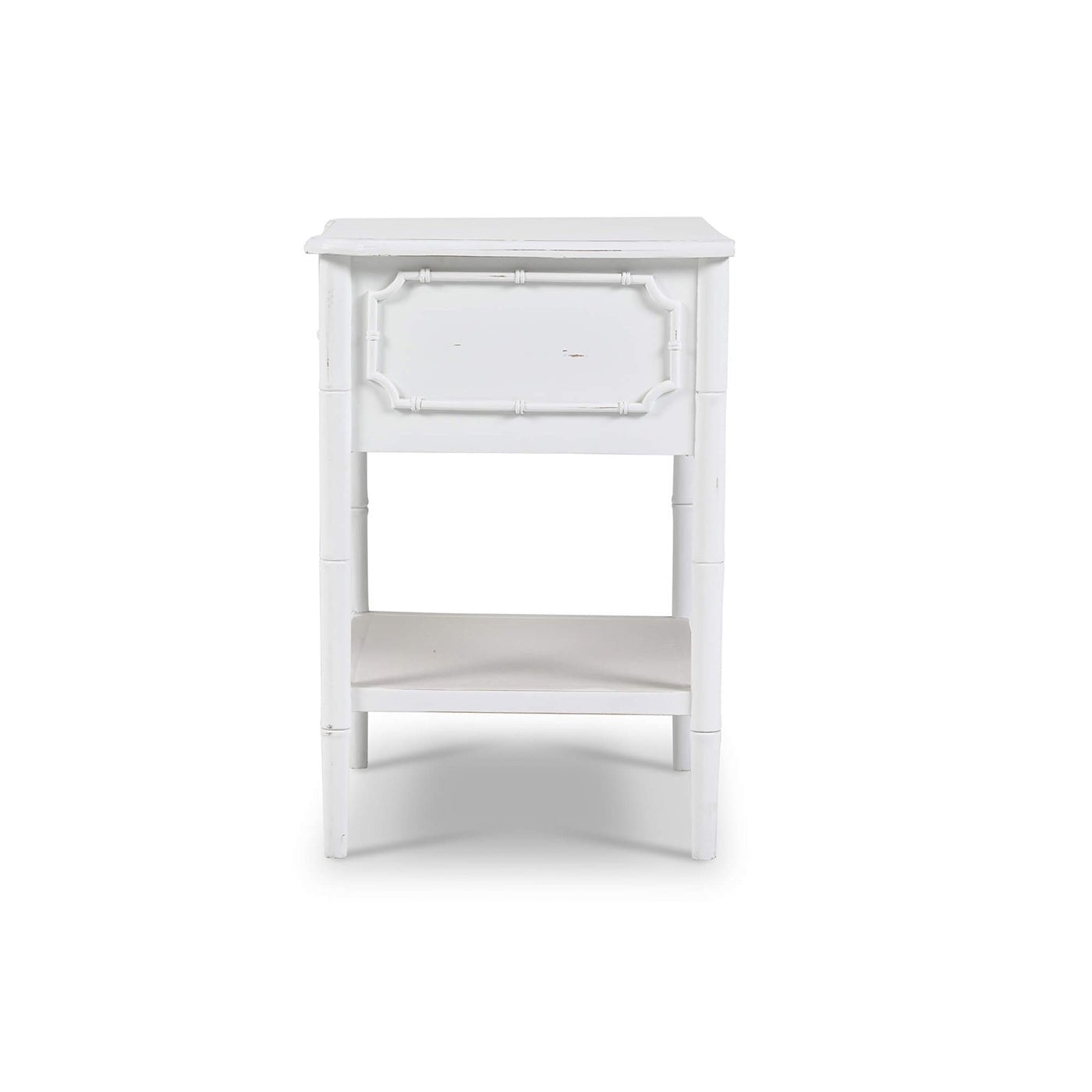 White end table front view, showing drawer and shelf