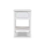 White end table front view, showing drawer and shelf