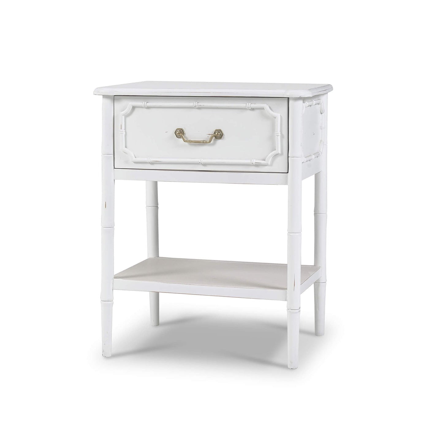 White end table angled view, one drawer and shelf