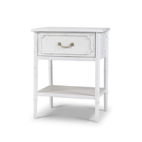 White end table angled view, one drawer and shelf
