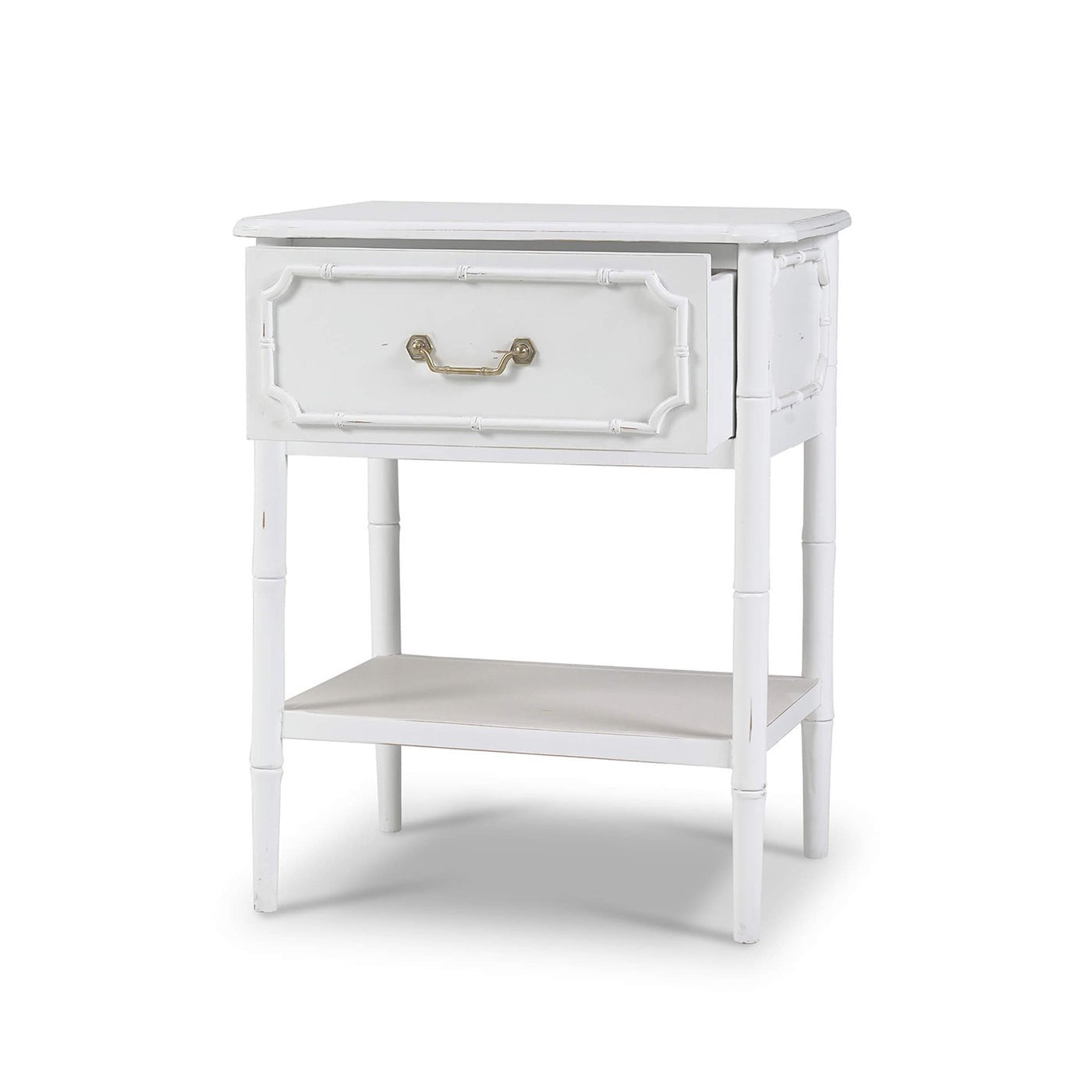 White end table with drawer, detailed front perspective