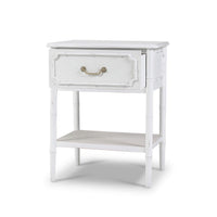 White end table with drawer, detailed front perspective