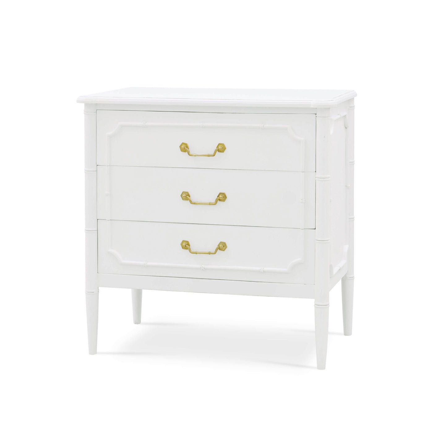 White painted nightstand, front angled view, three drawers.