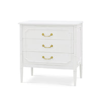 White painted nightstand, front angled view, three drawers.