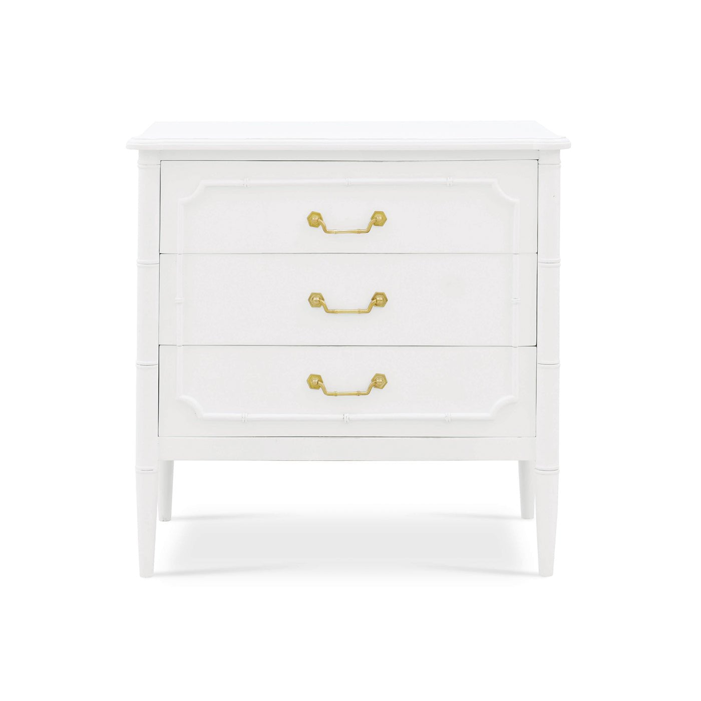 White painted nightstand, front view, gold handles.