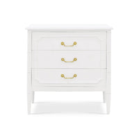 White painted nightstand, front view, gold handles.