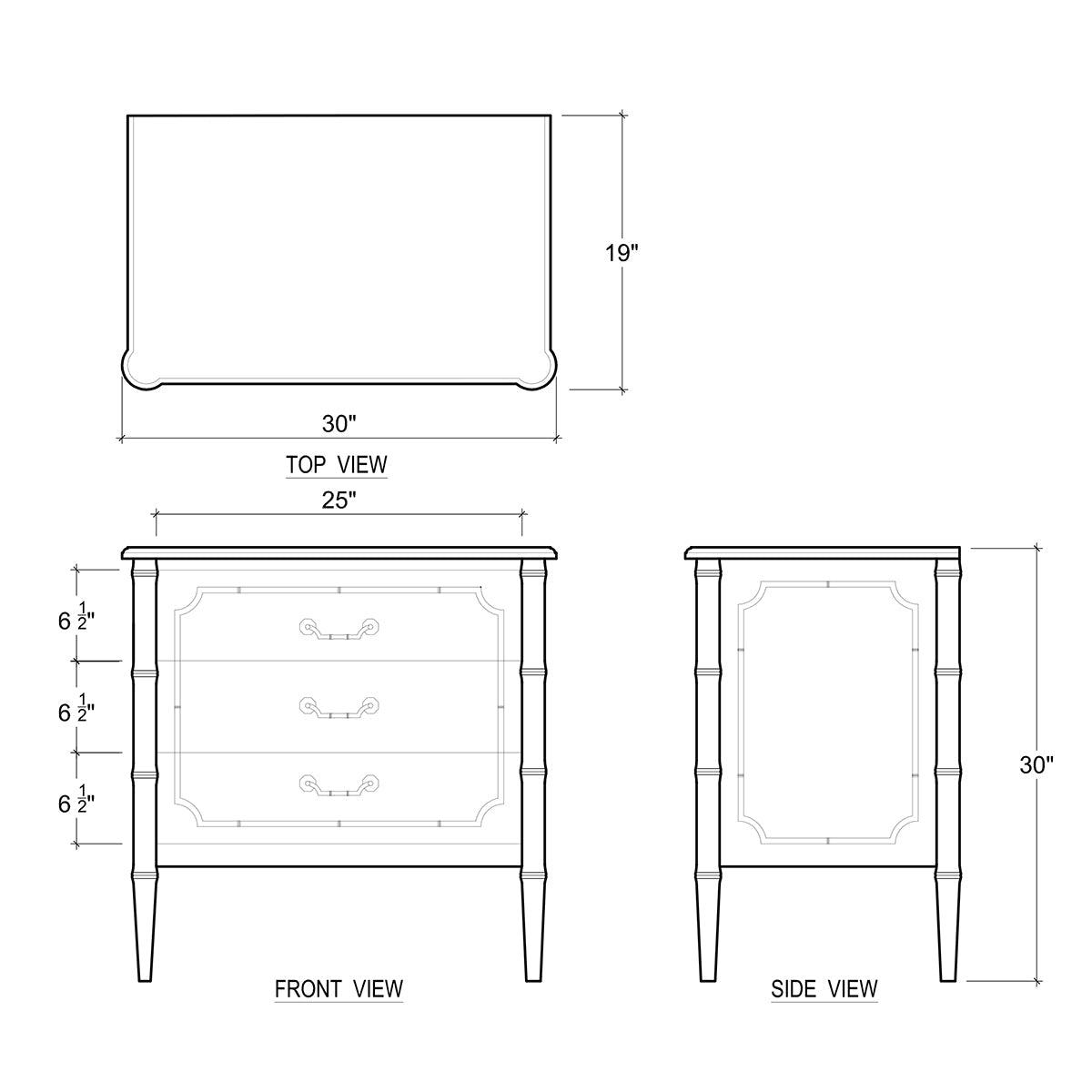 Dimensions diagram of mid-century modern white nightstand.