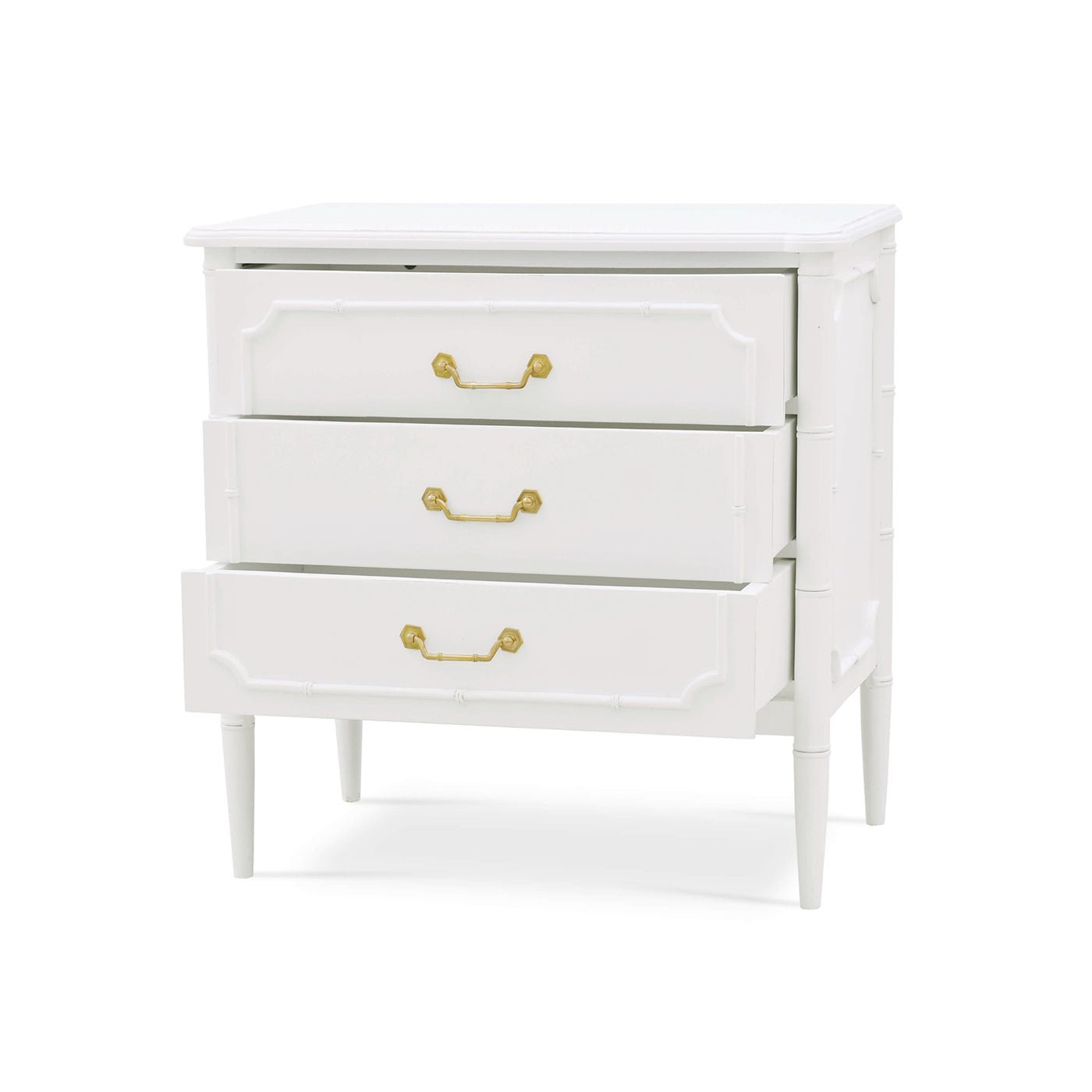 White nightstand, drawers partially open, side angled view.