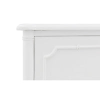 Close-up of white nightstand top corner detail.