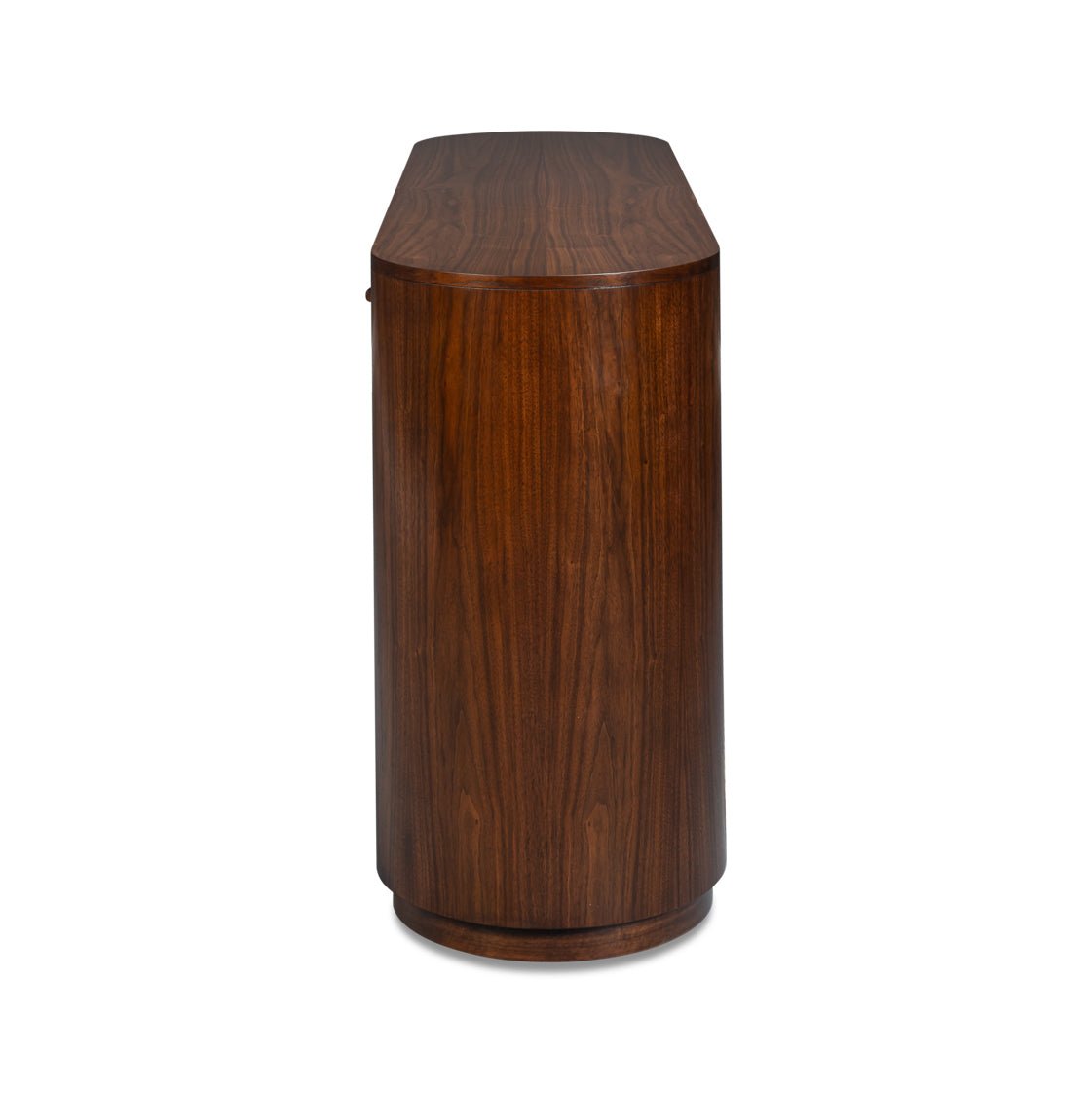 Side profile of mid-century wood console table.