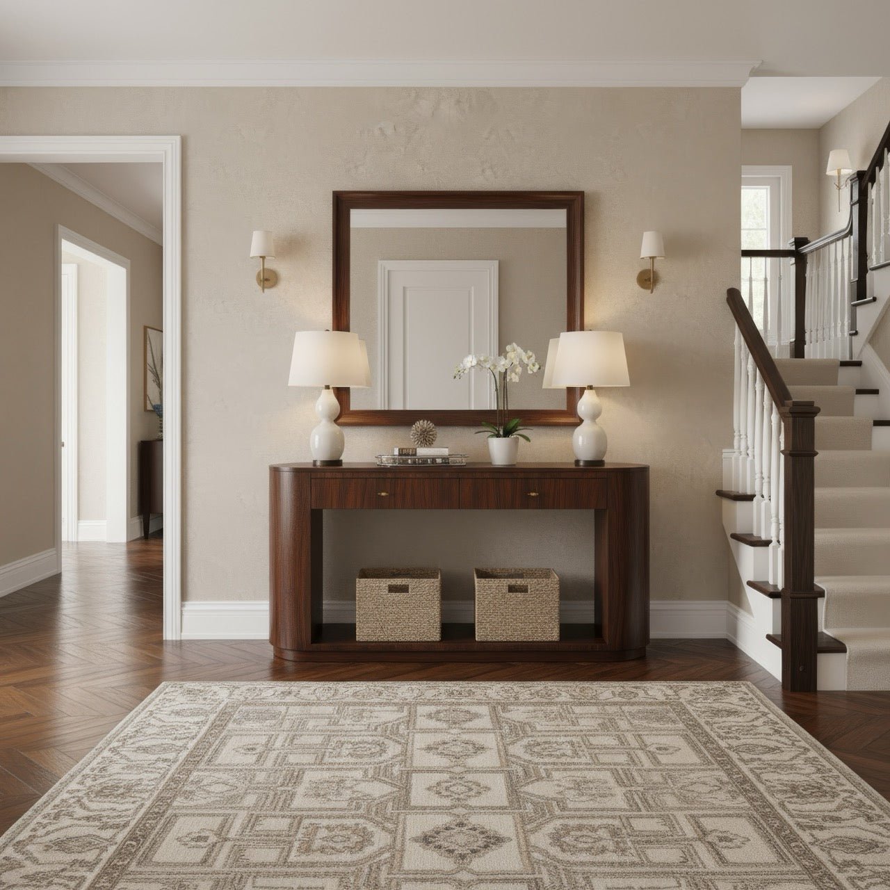 Console table in entryway with decor and mirror.
