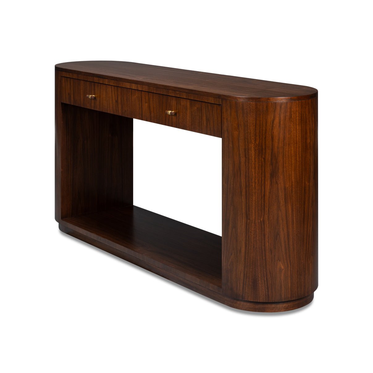 Angled view of console table with open shelf.