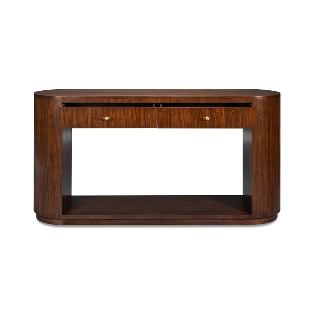 Mid-century console table with open drawer detail.