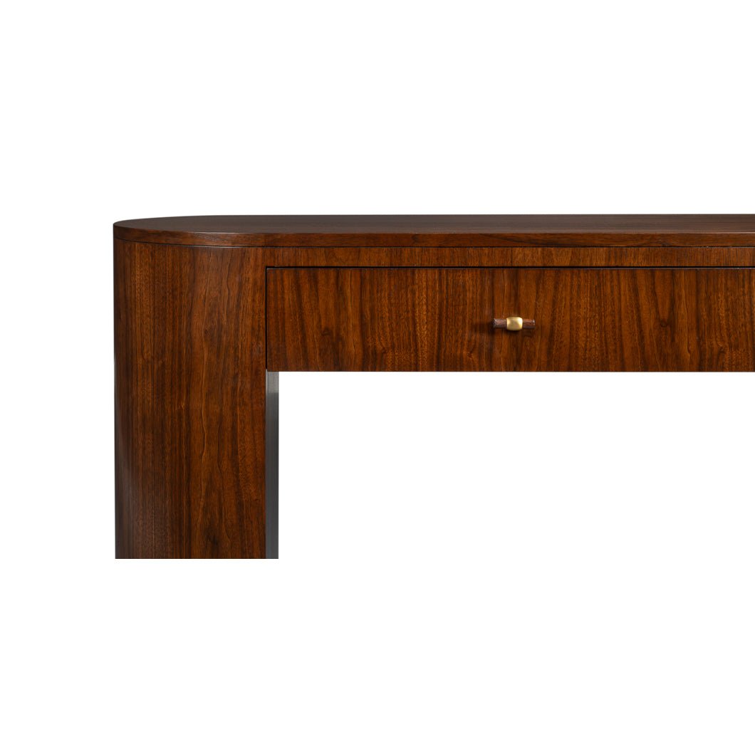 Close-up of mid-century console table corner design.
