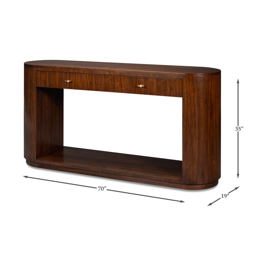 Dimensions of mid-century wood console table highlighted.