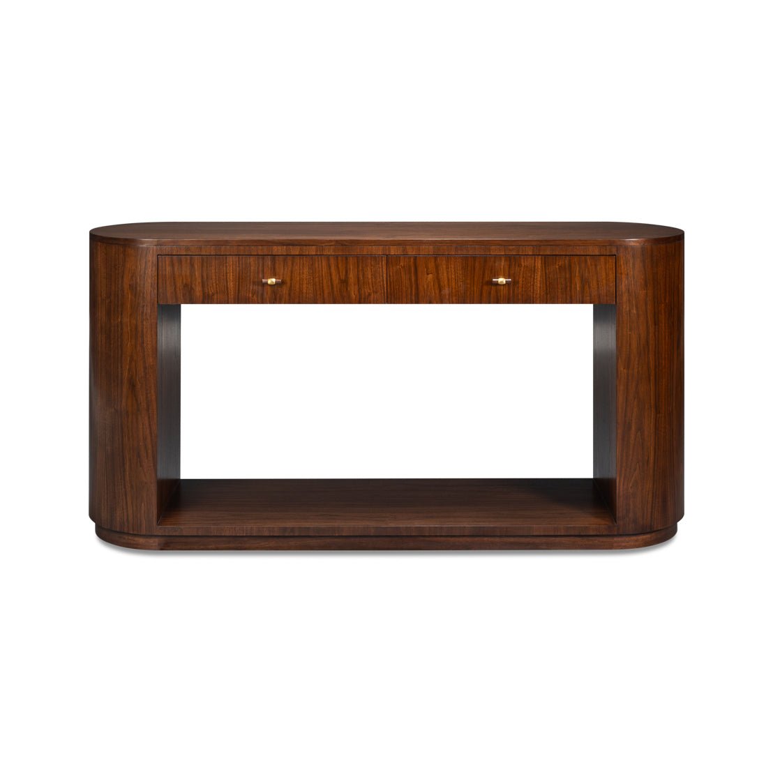 Straight front view of mid-century console table.
