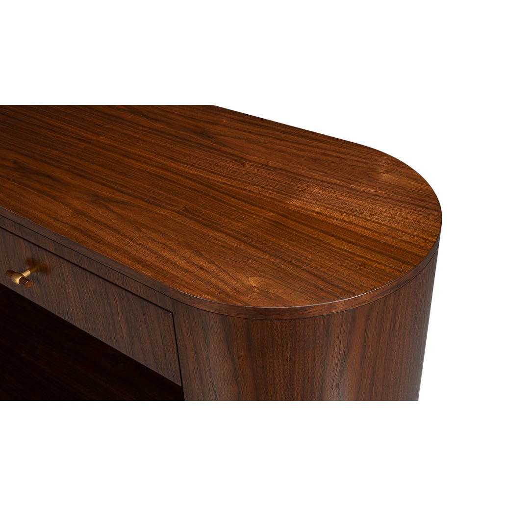 Close-up of wood grain on console table top.