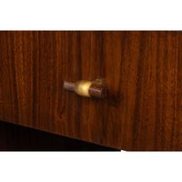 Mid-century console table drawer handle detail.