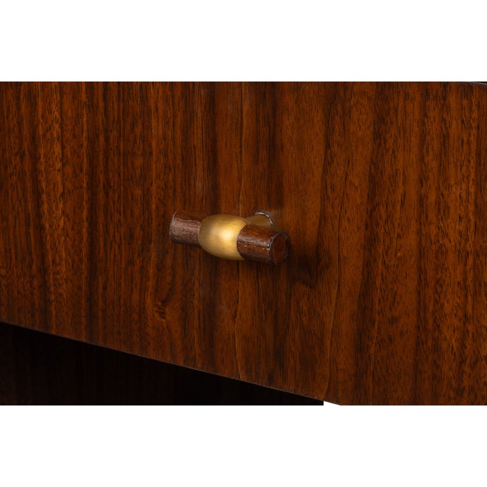 Mid-century console table drawer handle detail.