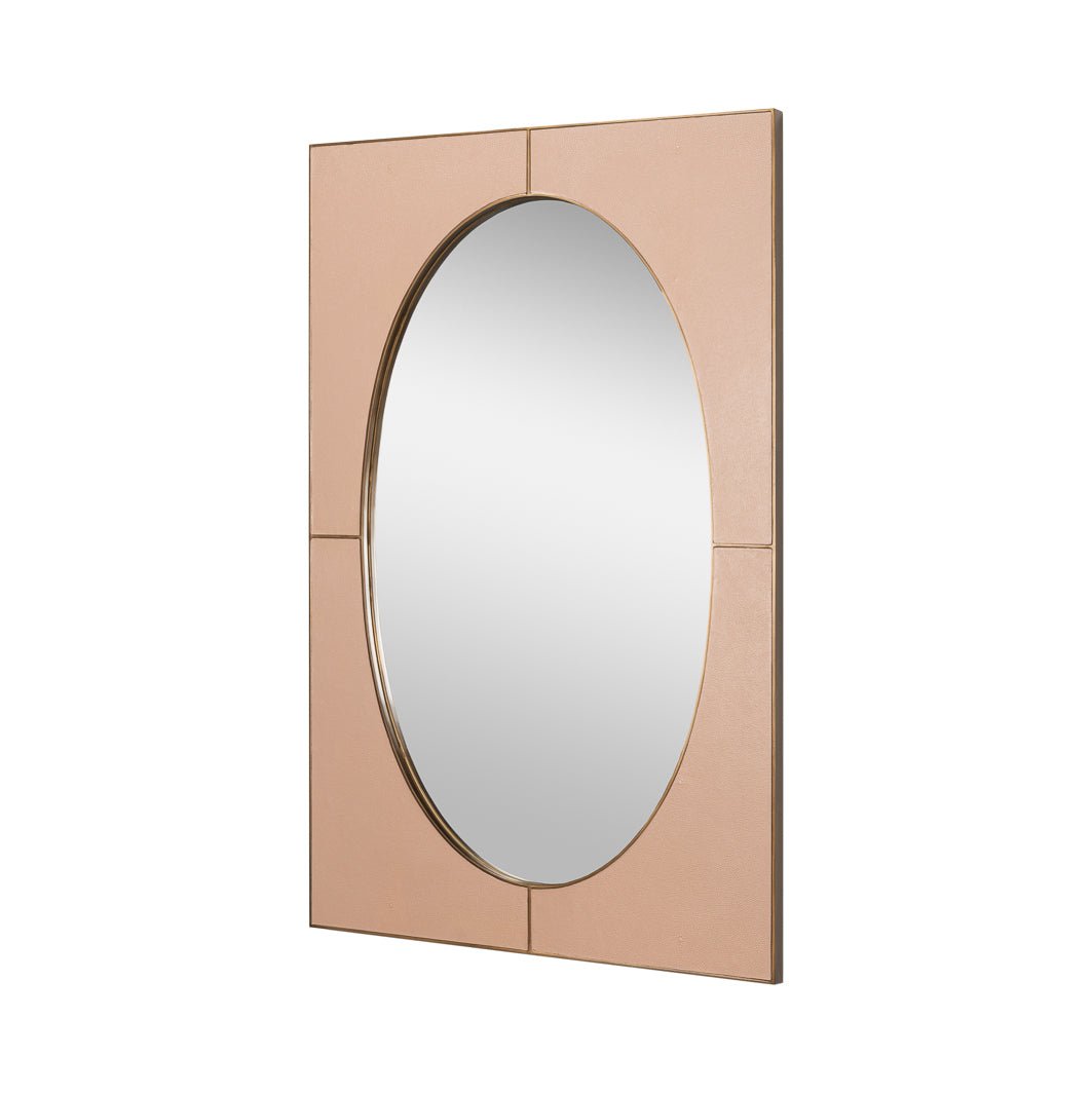 Mid-century oval leather mirror, angled view.