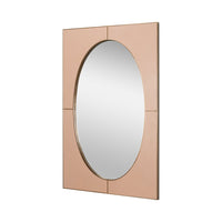 Mid-century oval leather mirror, angled view.