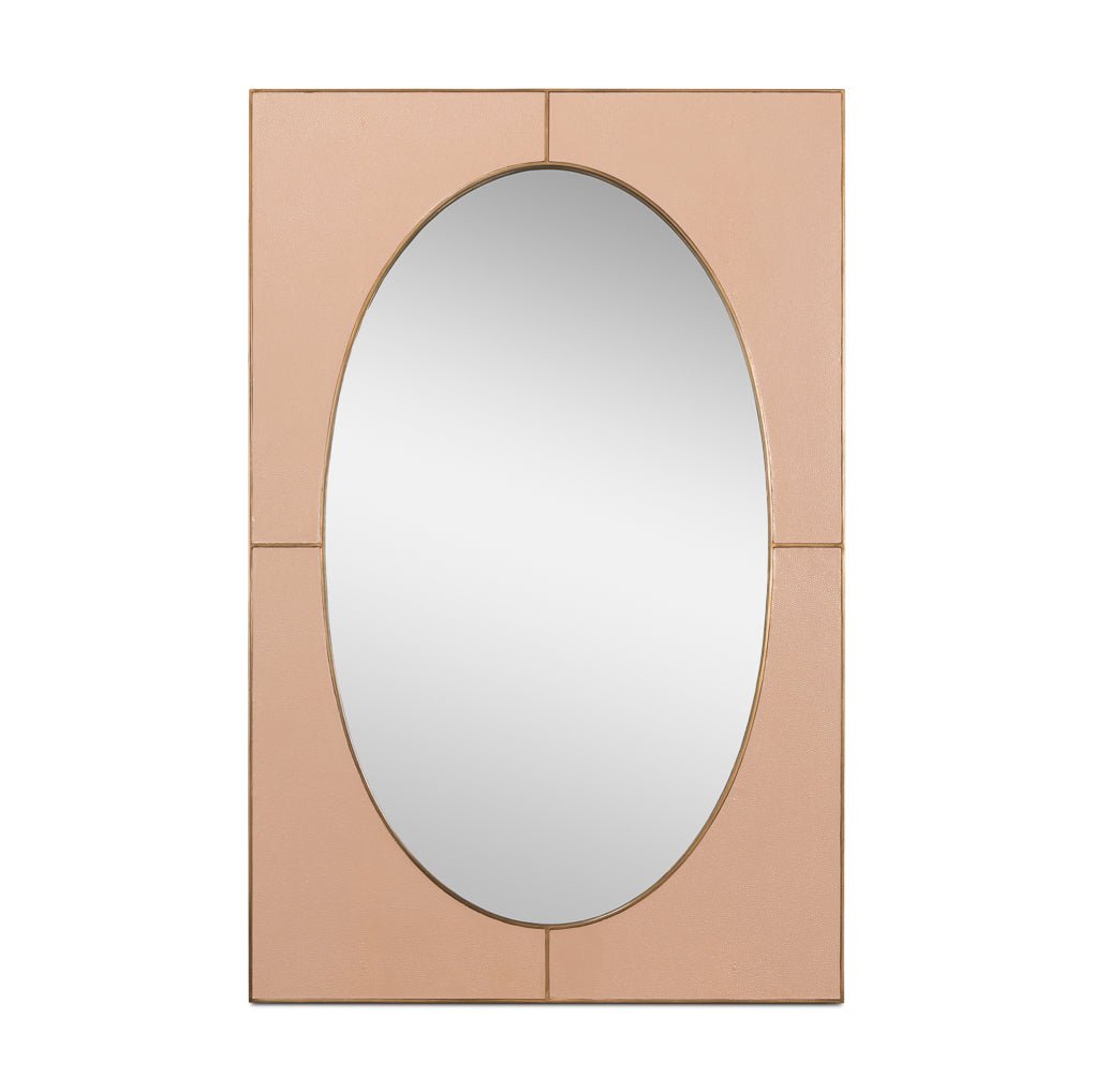 Frontal view of mid-century oval leather mirror.